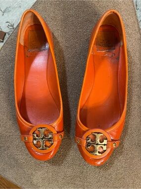 Tory Burch Bright Orange Leather Logo Flats